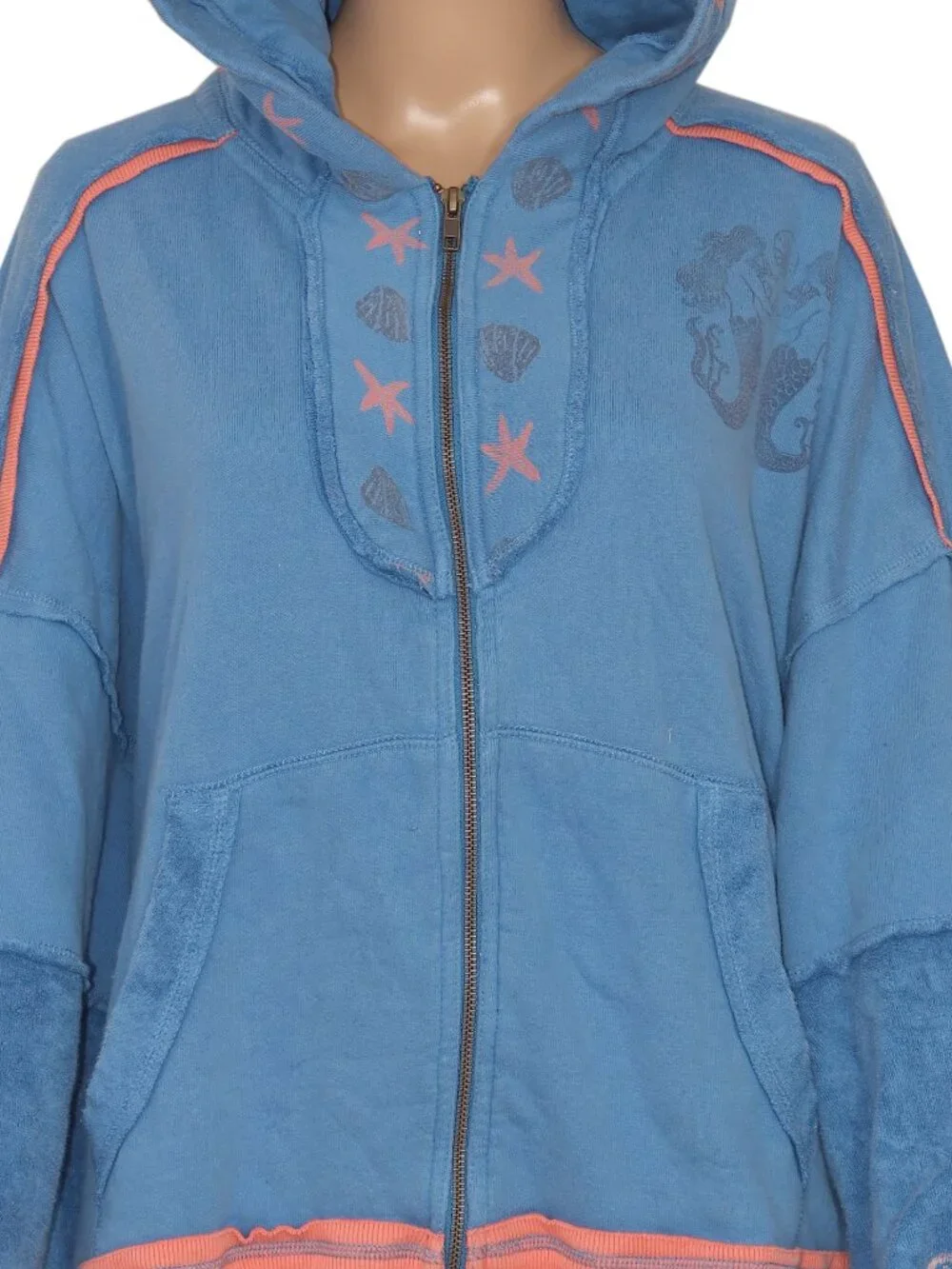 Free People We The Free Seashell Hooded Zip Jacket Kangaroo Pocket Blue XS